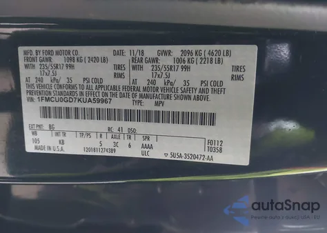 2019 Ford Escape Se из США, поврежденный, VIN 1FMCU0GD7KUA59967